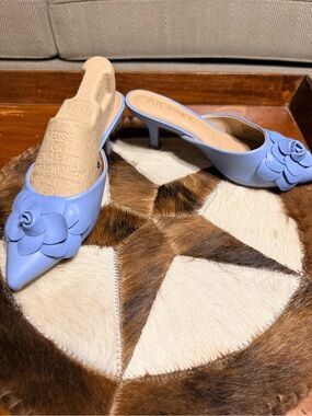 Anne Klein Baby Blue Pointed-Toe Floral Leather Mules